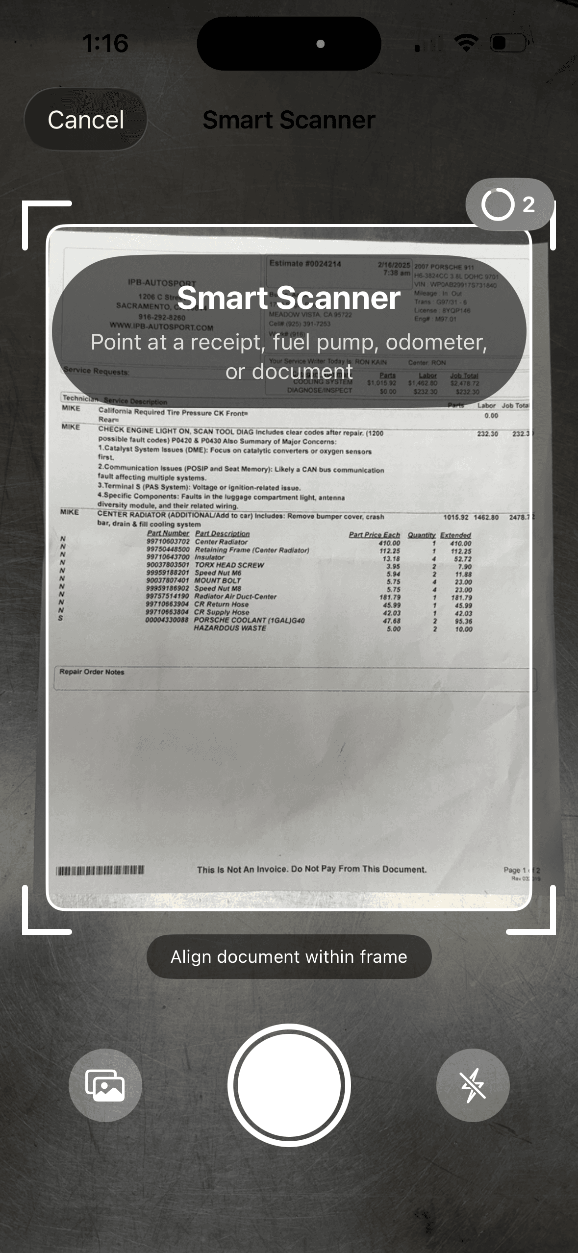 Smart Scanner capturing a detailed service invoice